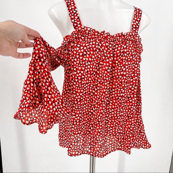 J Crew Red Off Shoulder Bell Sleeve Heart Print Silk Blouse - Picture 2 of 8
